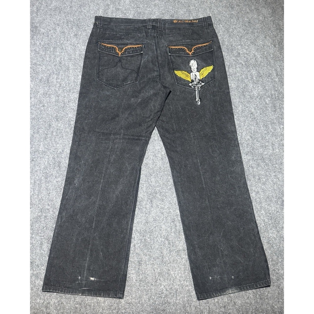 Blac Label Angel Cross Embroidered Jeans Fit 40x33 Dark Graphic Denim‎ Y2K Retro